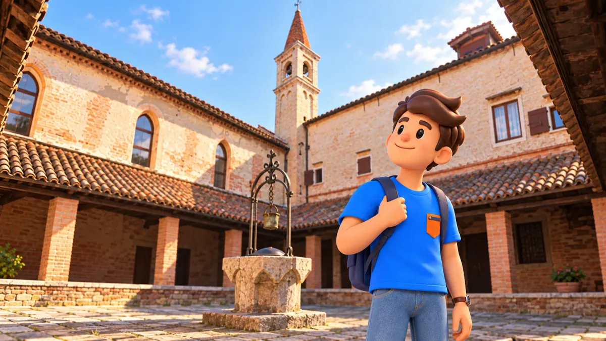 Ilustración conceptual de un viajero en el patio del claustro de San Francesco del Deserto