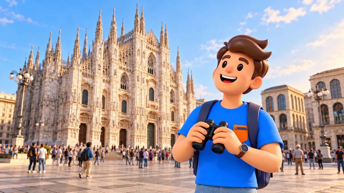 Illustration of a traveller holding binoculars in the public square in front of Milan Cathedral.