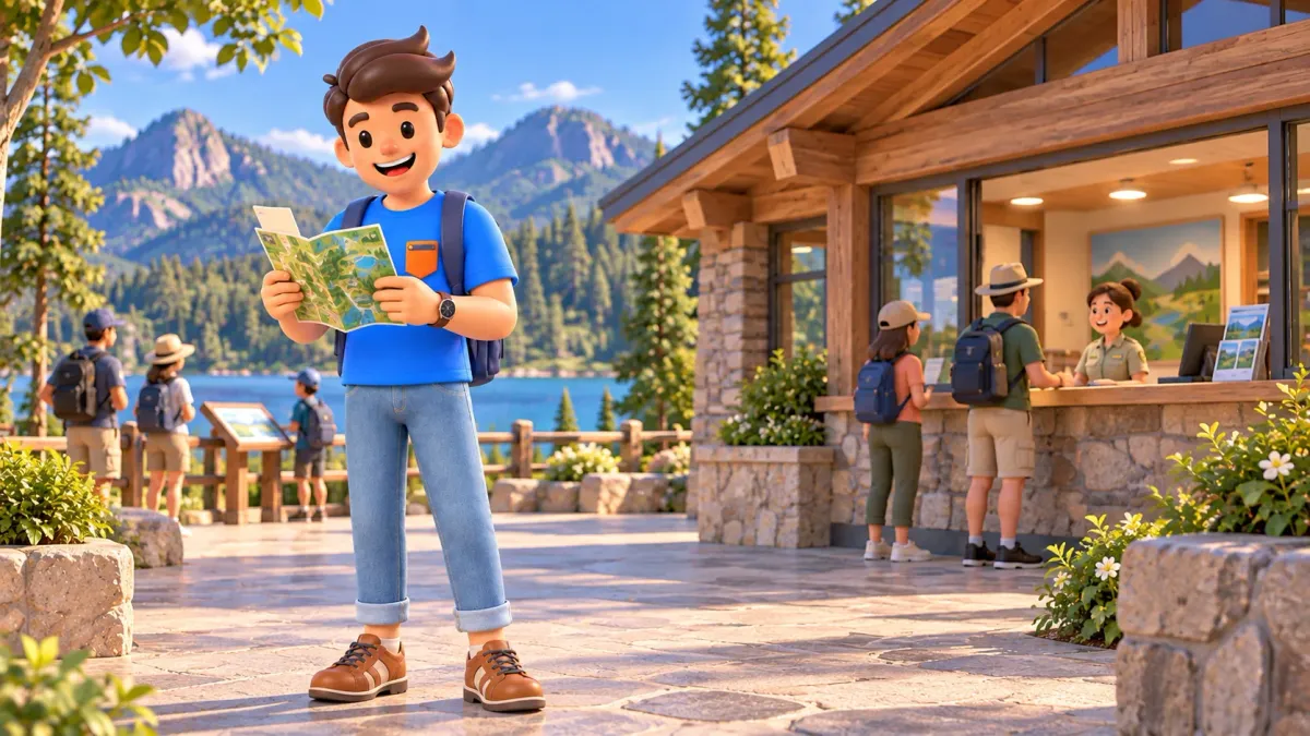 Un voyageur vérifie une carte et une confirmation de visite près du centre d’accueil d’un parc national, illustration 3D.