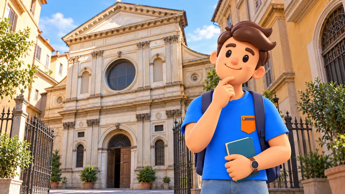Illustration of a traveller with a notebook before San Satiro’s facade with a round window and triangular pediment.