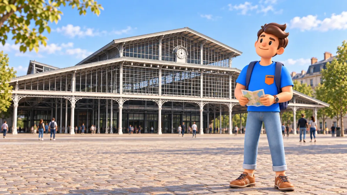 Ein Reisender mit Papierplan betrachtet die Grande Halle im Parc de la Villette