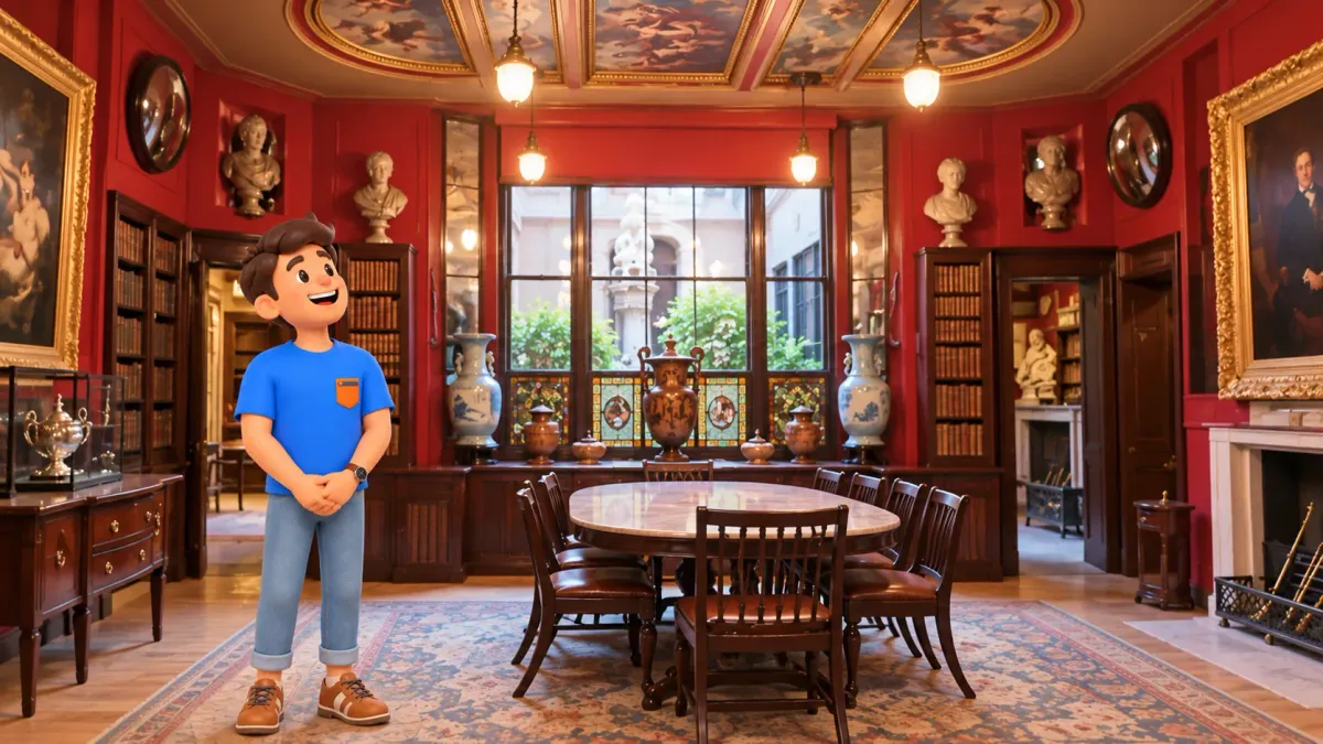 Illustration of a traveller looking around Soane’s red room without touching historic furniture