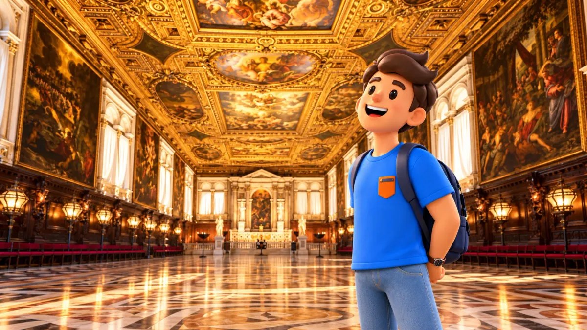 Conceptual illustration of a traveler in a Scuola San Rocco hall with Tintoretto paintings