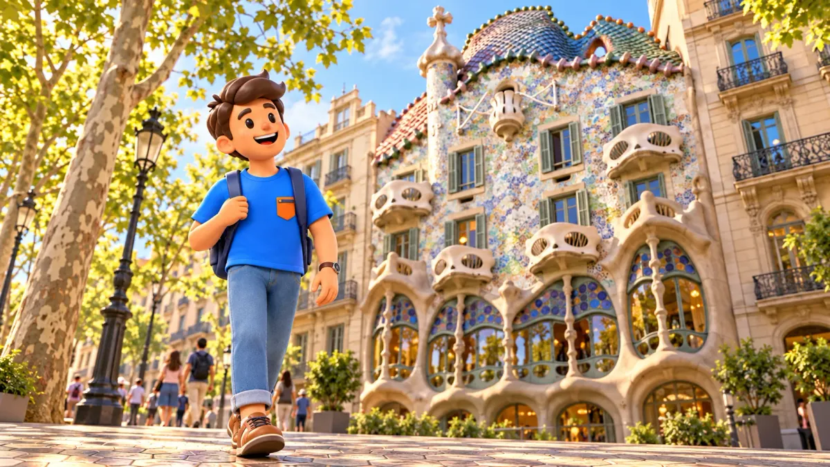 Illustration d’un voyageur en promenade près de la Casa Batlló sur le Passeig de Gràcia.