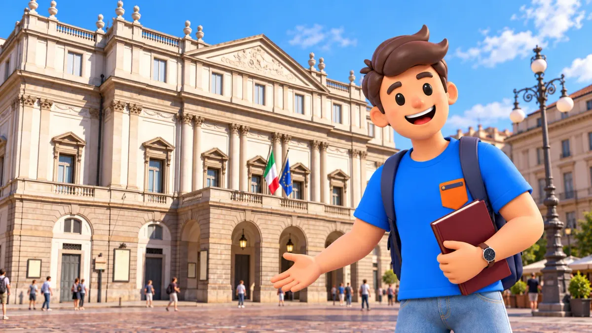 Illustration of a traveller with a book outside La Scala’s facade in Milan during the day.