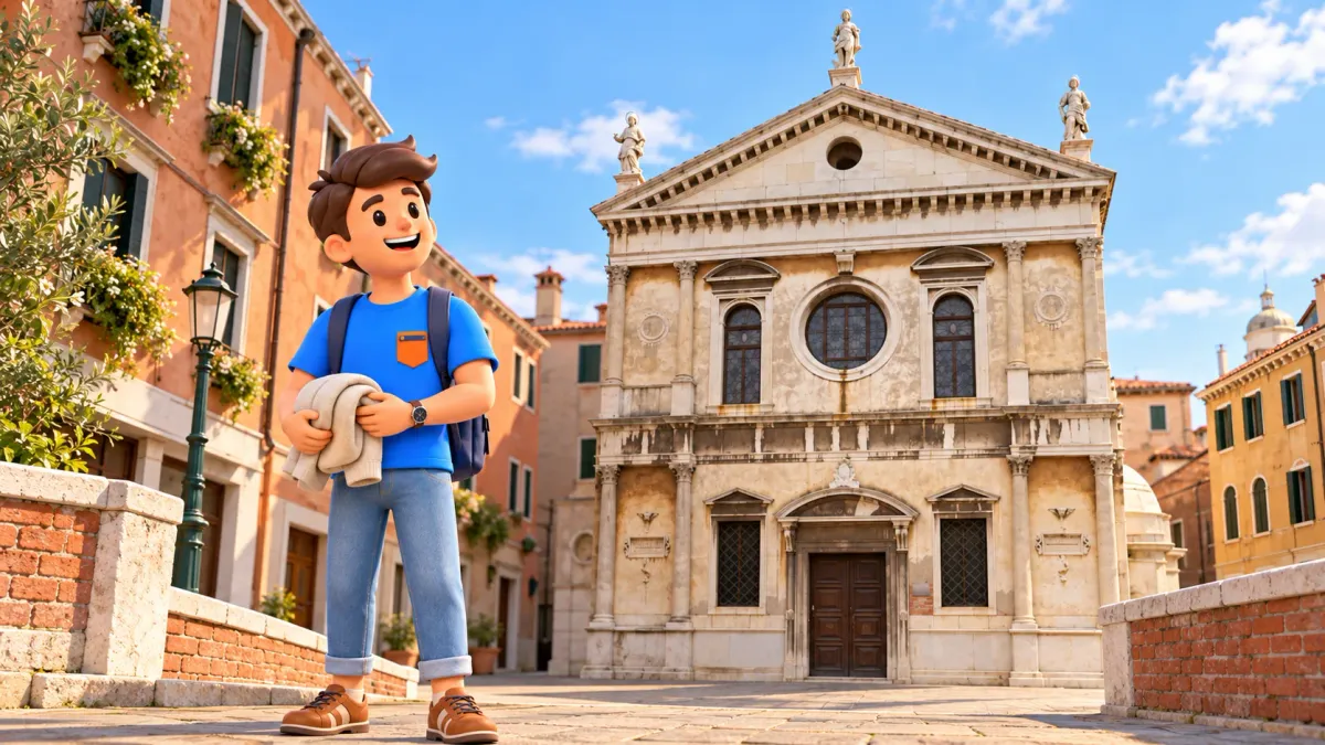 Ilustración conceptual de un viajero ante la fachada de San Sebastiano