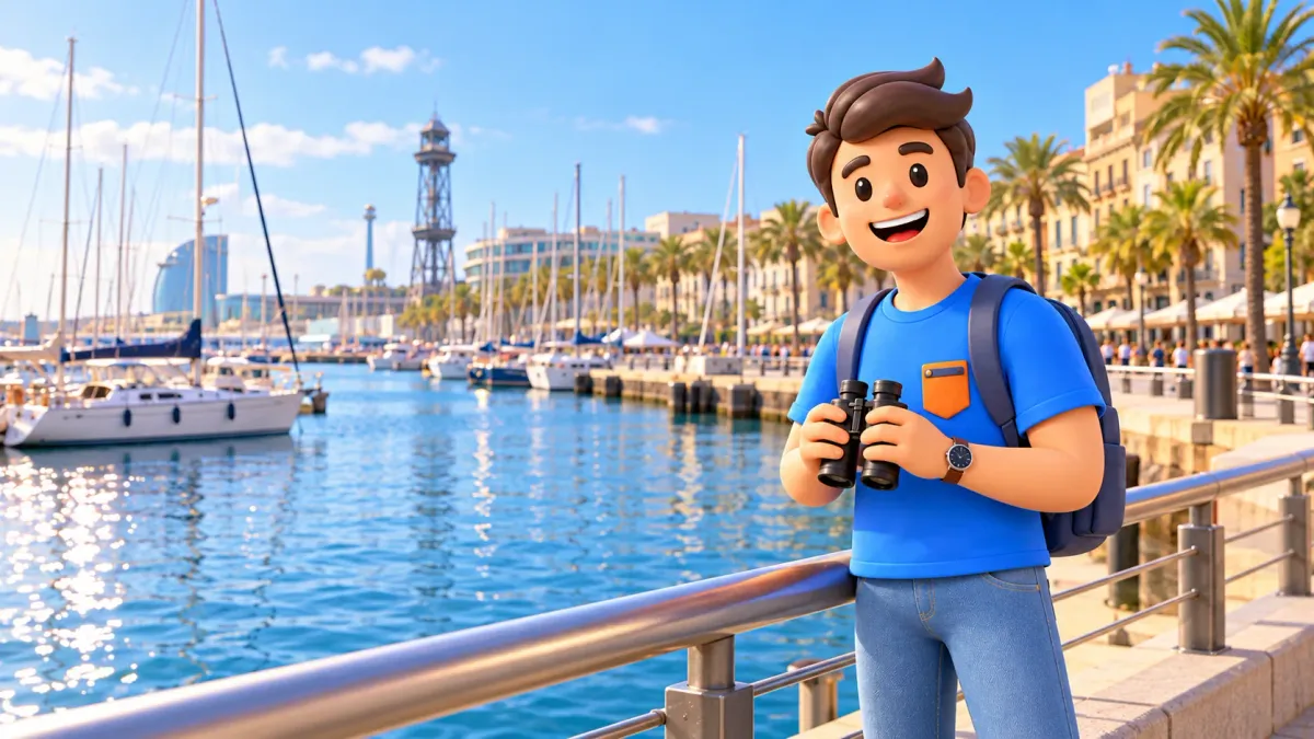 Illustration eines Reisenden mit Fernglas bei den Booten am Port Vell in Barcelona.