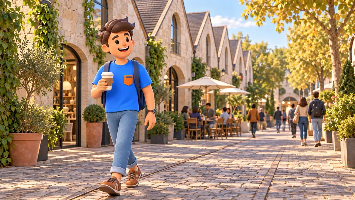 A traveler holding coffee walks among former wine warehouses at Bercy Village