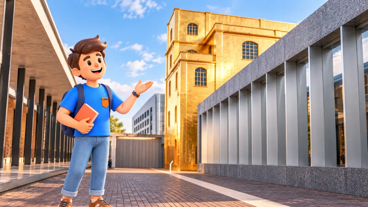 Ilustración de un viajero en el patio de Fondazione Prada entre un edificio antiguo dorado y una fachada moderna plateada.