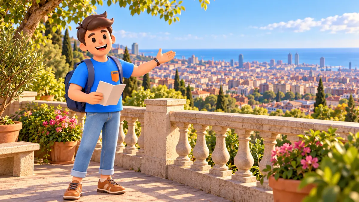 Ilustración de un viajero con un folleto de museo en una terraza sobre Barcelona.