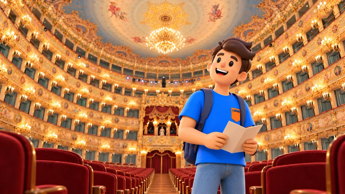 Symbolische Illustration eines Reisenden beim Tagesbesuch im Saal von La Fenice