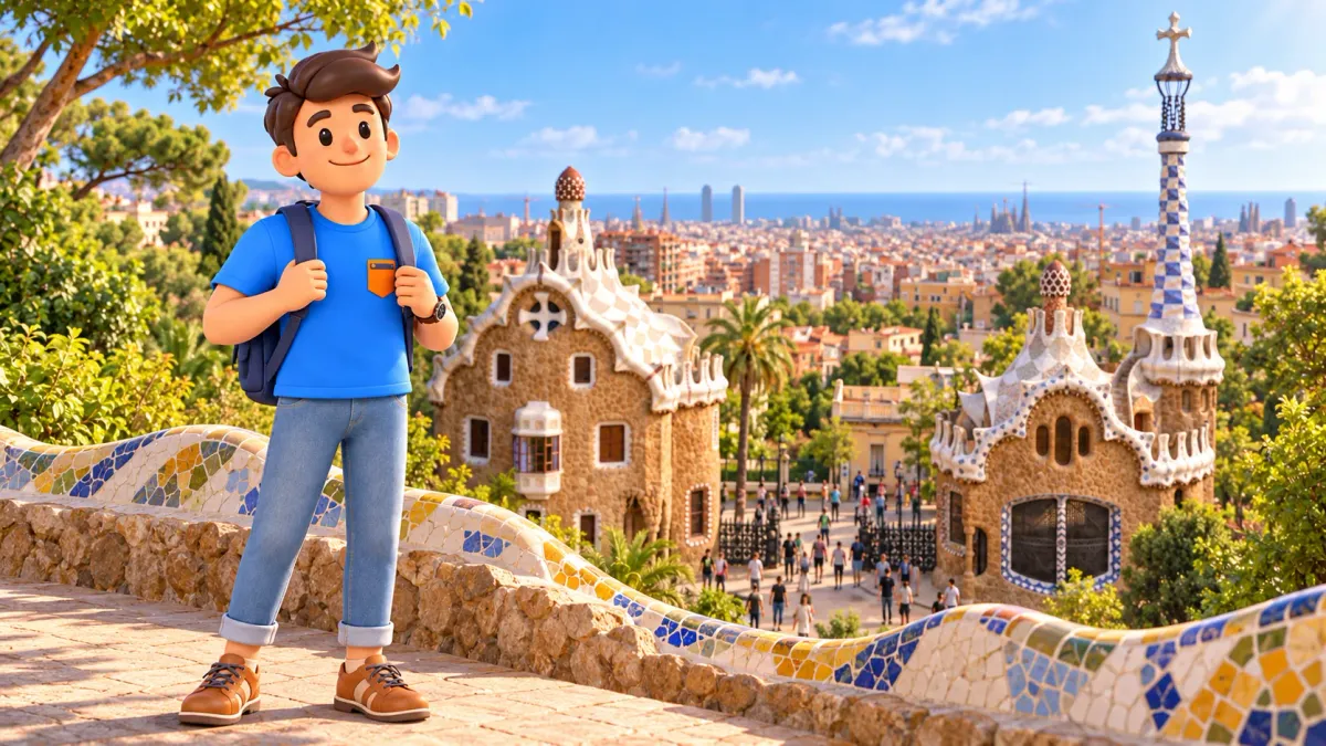 Illustrative Szene eines Reisenden bei den Eingangspavillons im Park Güell in Barcelona.