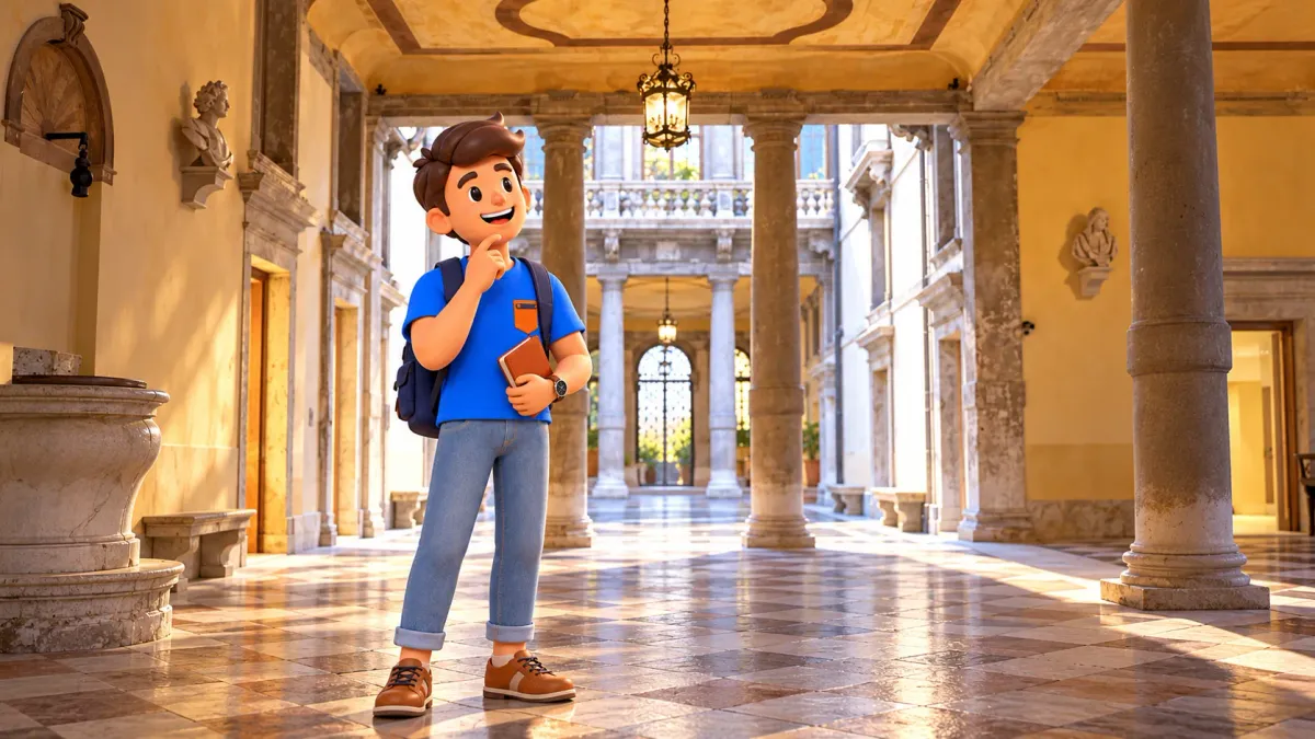 Conceptual illustration of a traveler with a notebook in Ca’ Rezzonico’s colonnaded courtyard