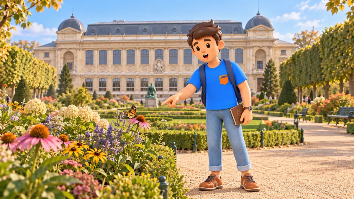 Un viajero observa flores ante la Gran Galería de la Evolución en el Jardín de Plantas