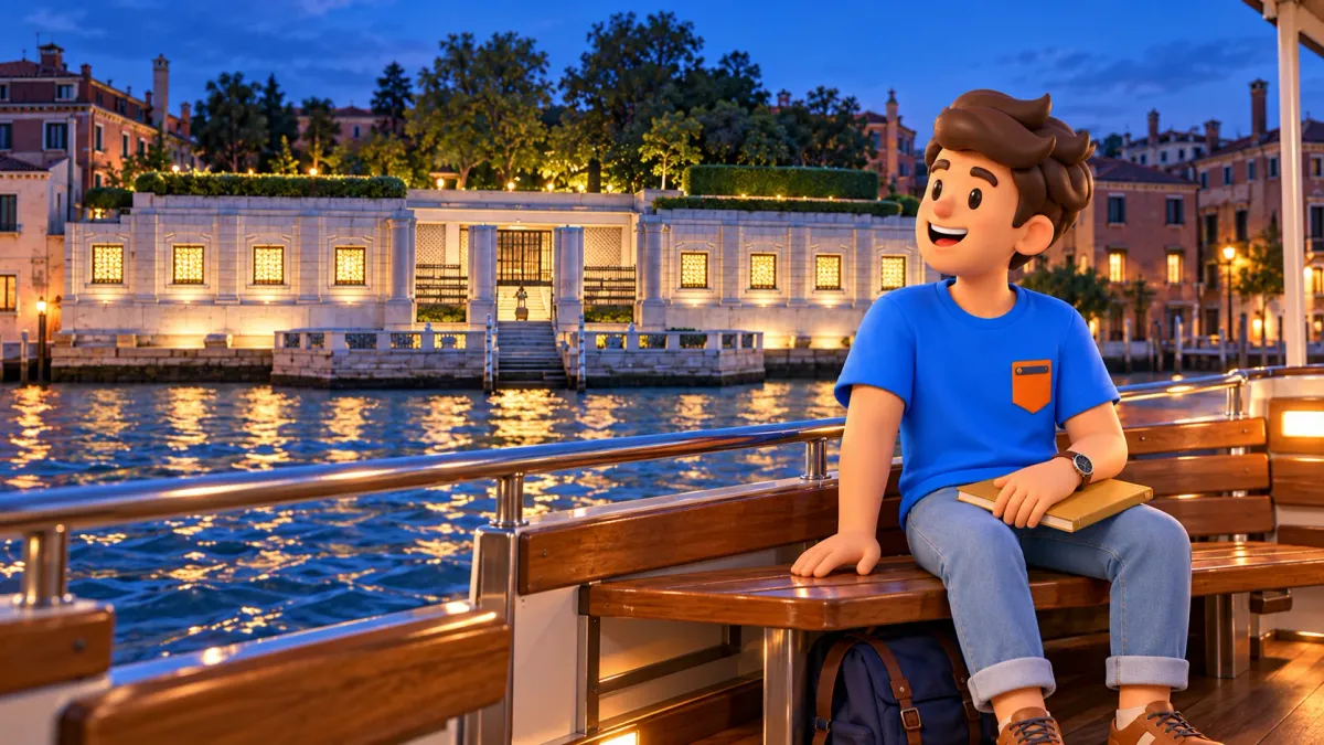 Illustration conceptuelle d’une vue en bateau sur la façade basse du Guggenheim le soir après la promenade