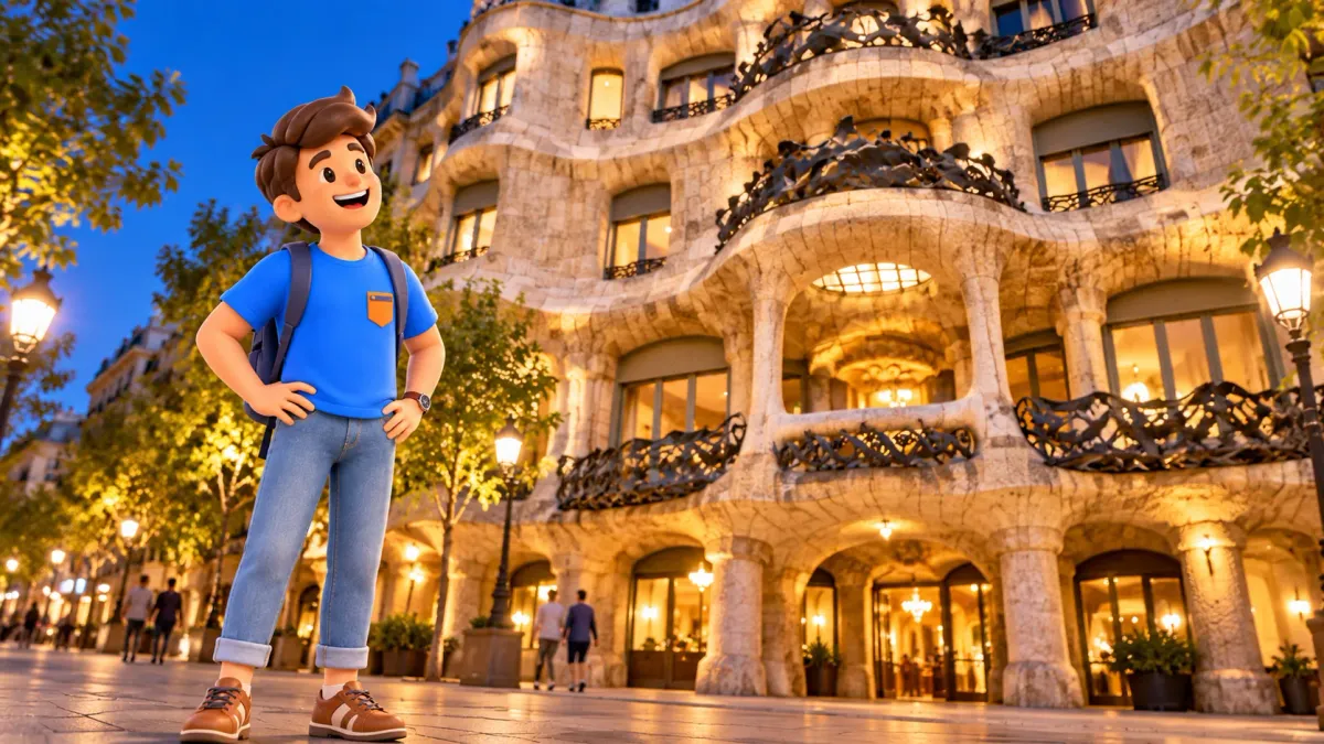 Scène illustrée d’un voyageur devant la façade de pierre de la Casa Milà en soirée.