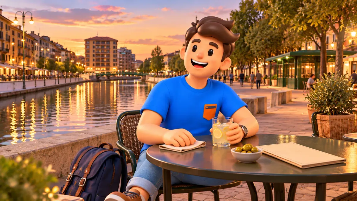 Ilustración conceptual de un viajero con agua con limón en una mesa junto a la Darsena de Milán al atardecer.