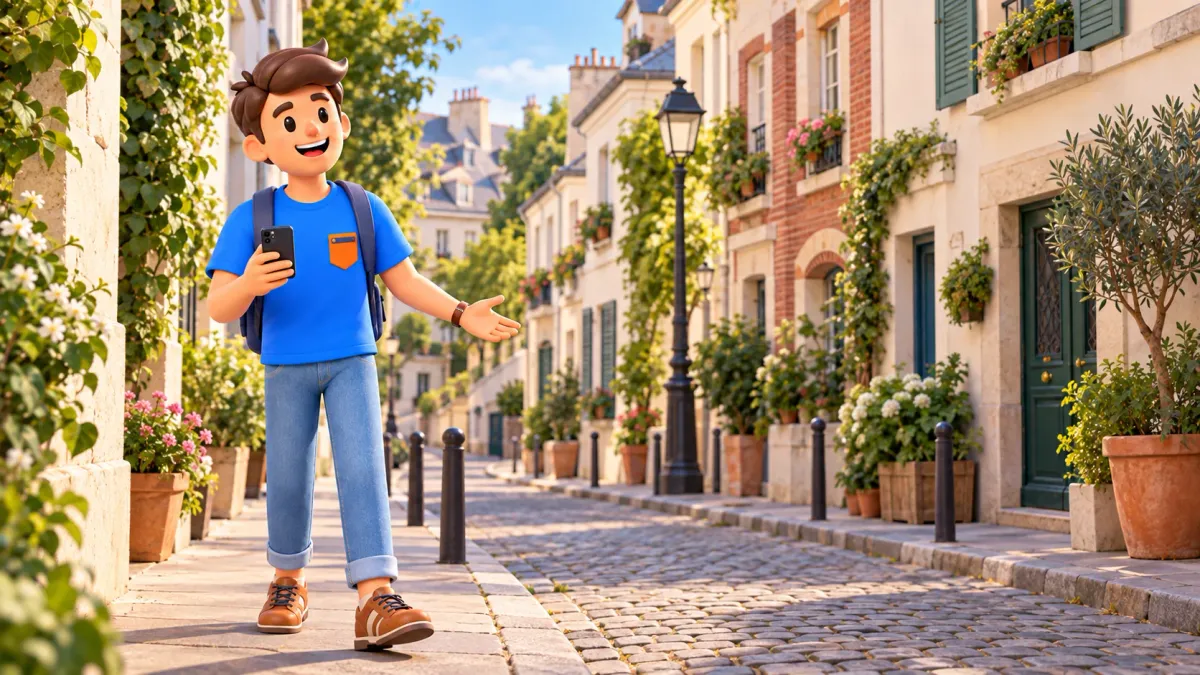 A traveler holding a phone looks along a small Butte-aux-Cailles street