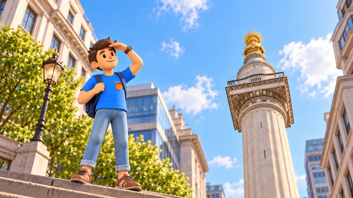 Ilustración de un viajero mirando la parte superior de The Monument y su urna dorada