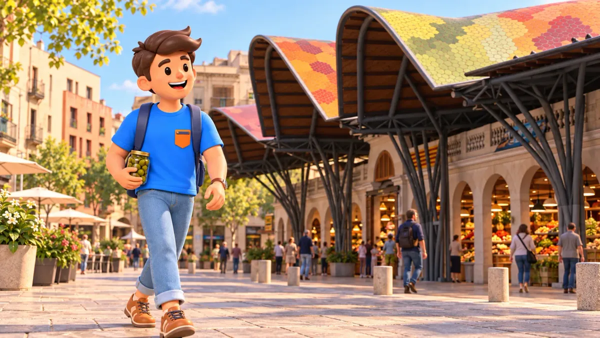 Illustrative scene of a traveller with a jar of olives by Santa Caterina market’s undulating roof.