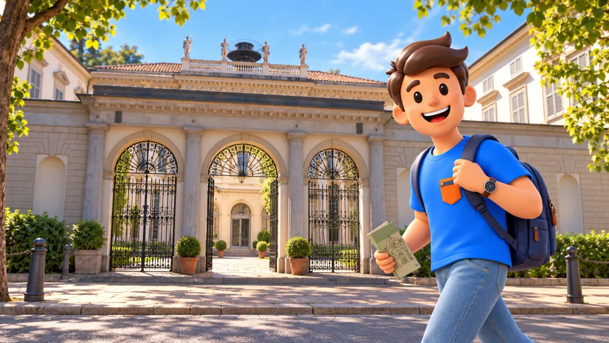 Illustration of a traveller beside GAM’s arched entrance gates on Via Palestro in Milan.
