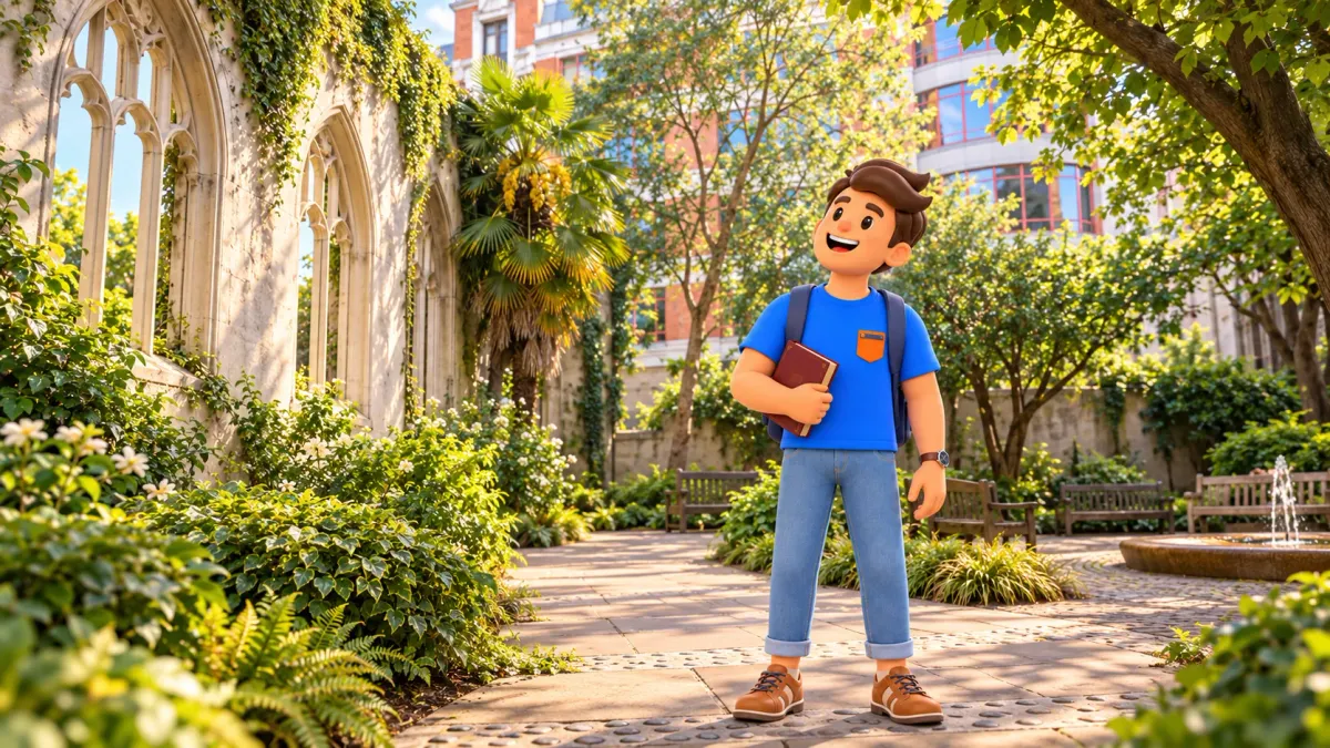 Illustration of a traveller among St Dunstan’s garden arches and greenery, with offices beyond
