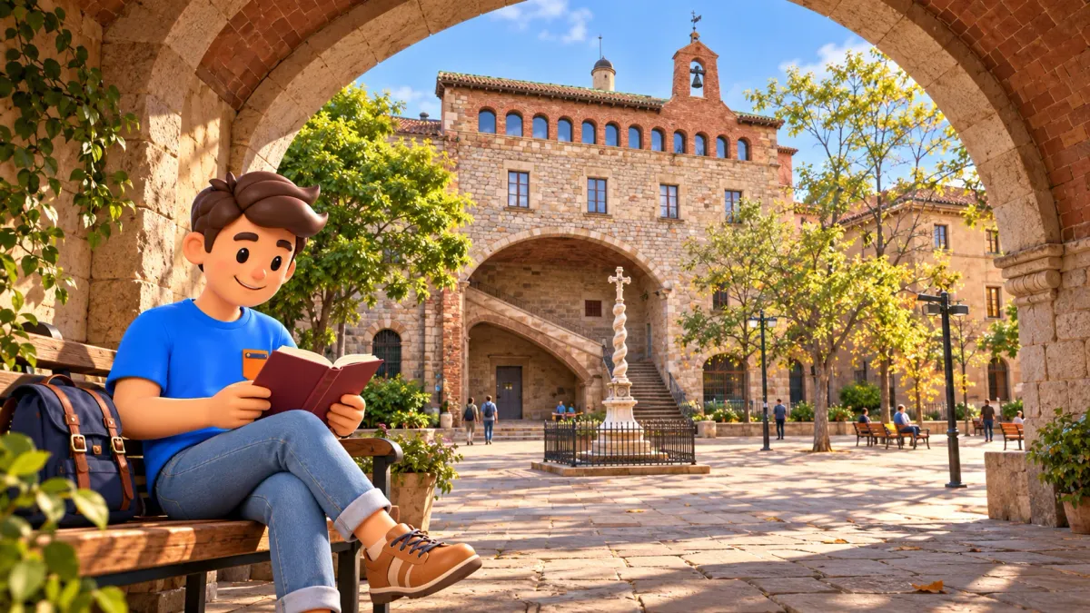 Escena ilustrada de un viajero leyendo en el patio del antiguo Hospital de la Santa Creu.