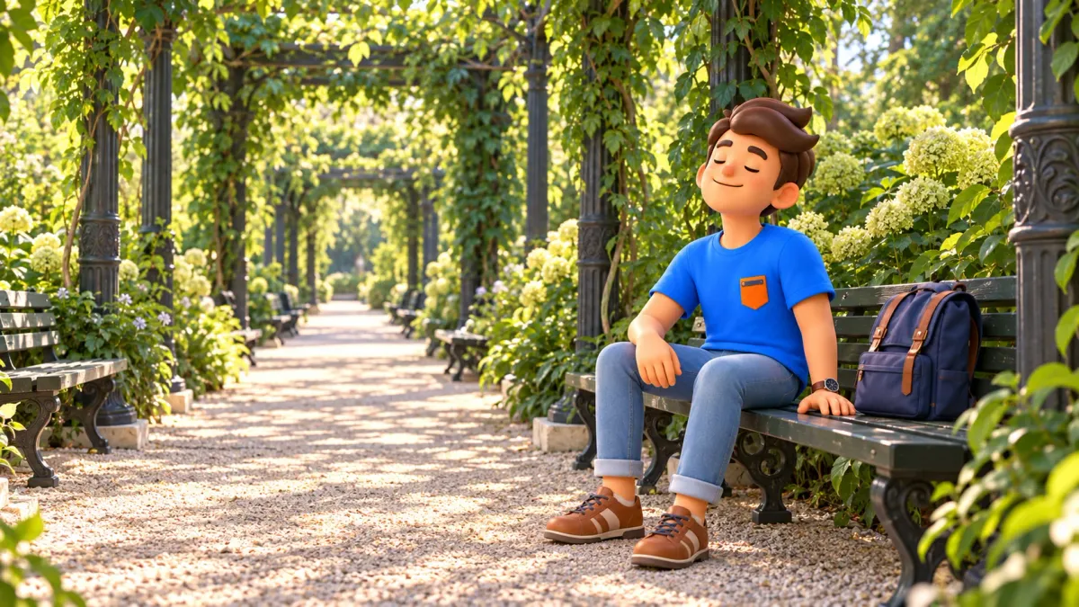 Ilustración conceptual de un descanso en un banco bajo la pérgola de los Jardines Reales de Venecia