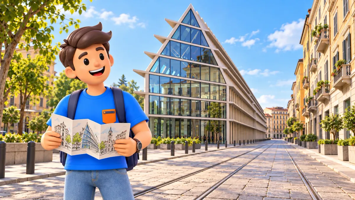 Ilustración de un viajero con una guía de arquitectura junto al complejo acristalado Feltrinelli en Milán.