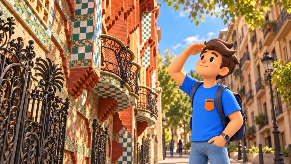 Scène illustrée d’un voyageur regardant la façade colorée de la Casa Vicens depuis la rue.