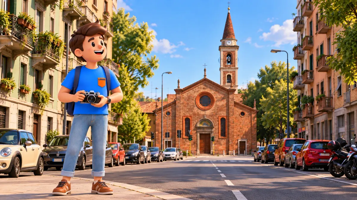 Ilustración de un viajero con cámara en una calle residencial ante la iglesia de Casoretto y su campanario en Milán.