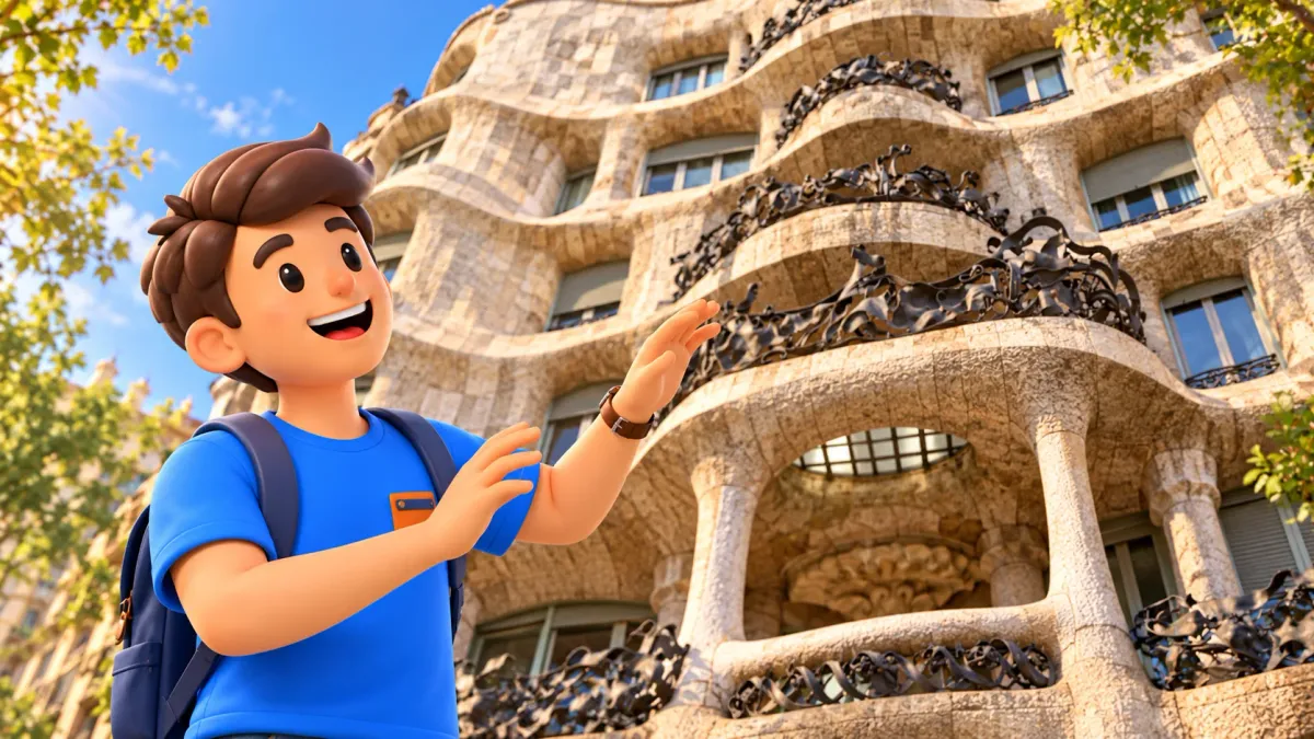 Scène illustrée d’un voyageur suivant du geste les lignes ondulantes de Casa Milà.
