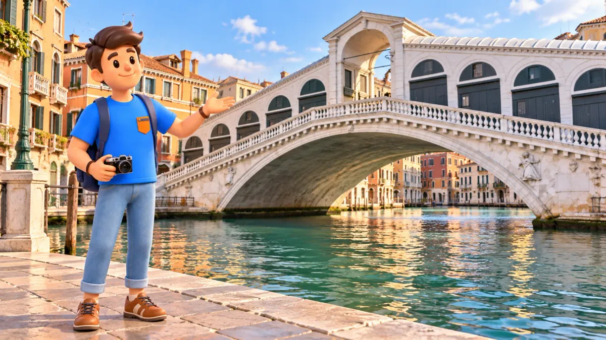 Conceptual illustration of a traveler with a camera beside the stone Rialto Bridge