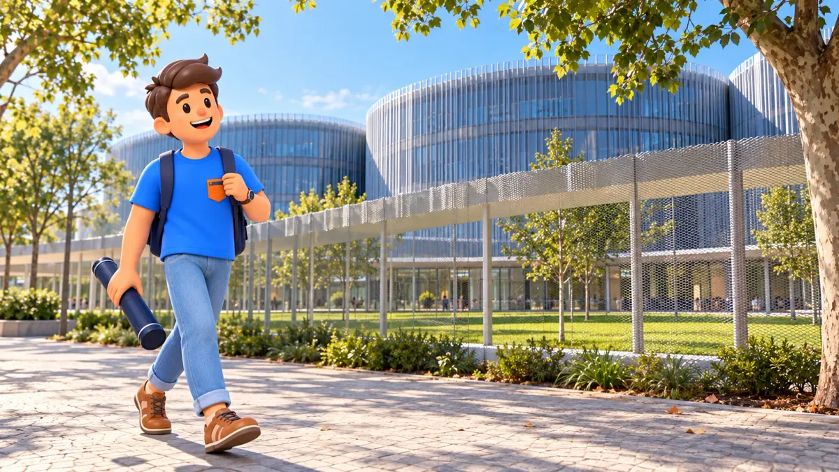 Ilustración de un viajero con tubo de dibujo junto a los edificios curvos, la pantalla metálica y la marquesina baja del nuevo campus Bocconi.