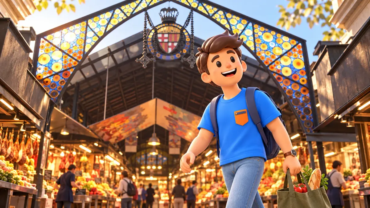 Illustrative scene of a traveller with a grocery bag beneath the Boqueria’s coloured entrance arch.