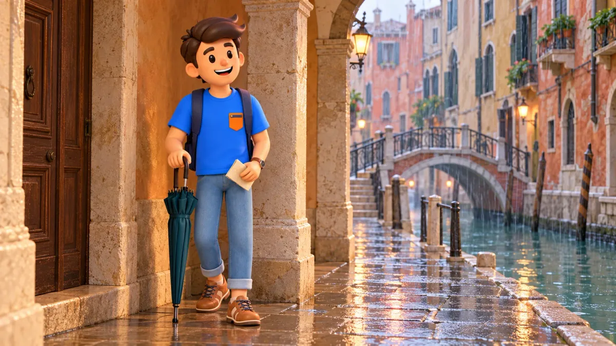 Conceptual illustration of a brief pause with a closed umbrella under shelter in rainy Venice