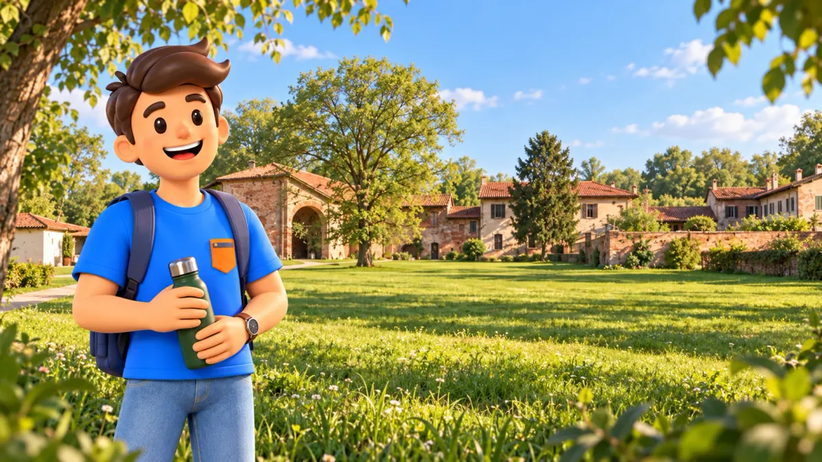 Illustration eines Reisenden mit Thermosflasche vor den niedrigen Backsteingebäuden der Cascina San Romano im Boscoincittà.