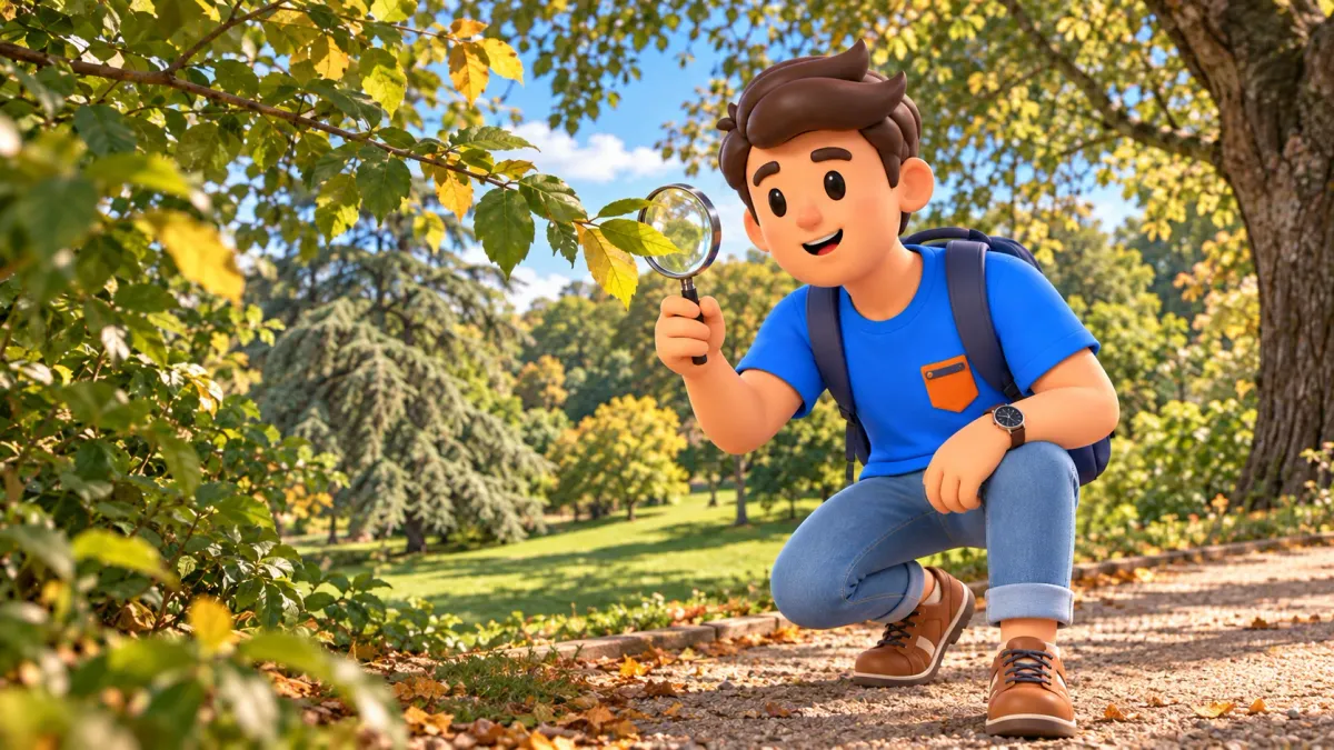 Ein Reisender betrachtet mit einer Lupe ein Blatt am Zweig im Parc Montsouris
