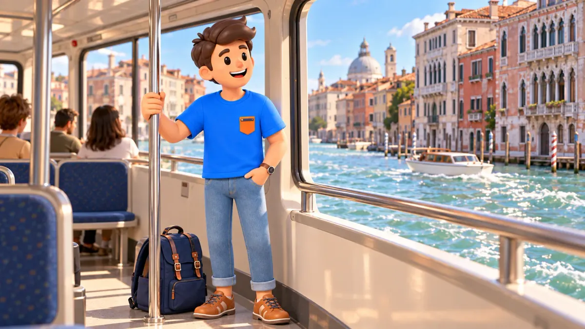 Illustration conceptuelle d’un trajet dans la cabine d’un bateau-bus devant des façades vénitiennes
