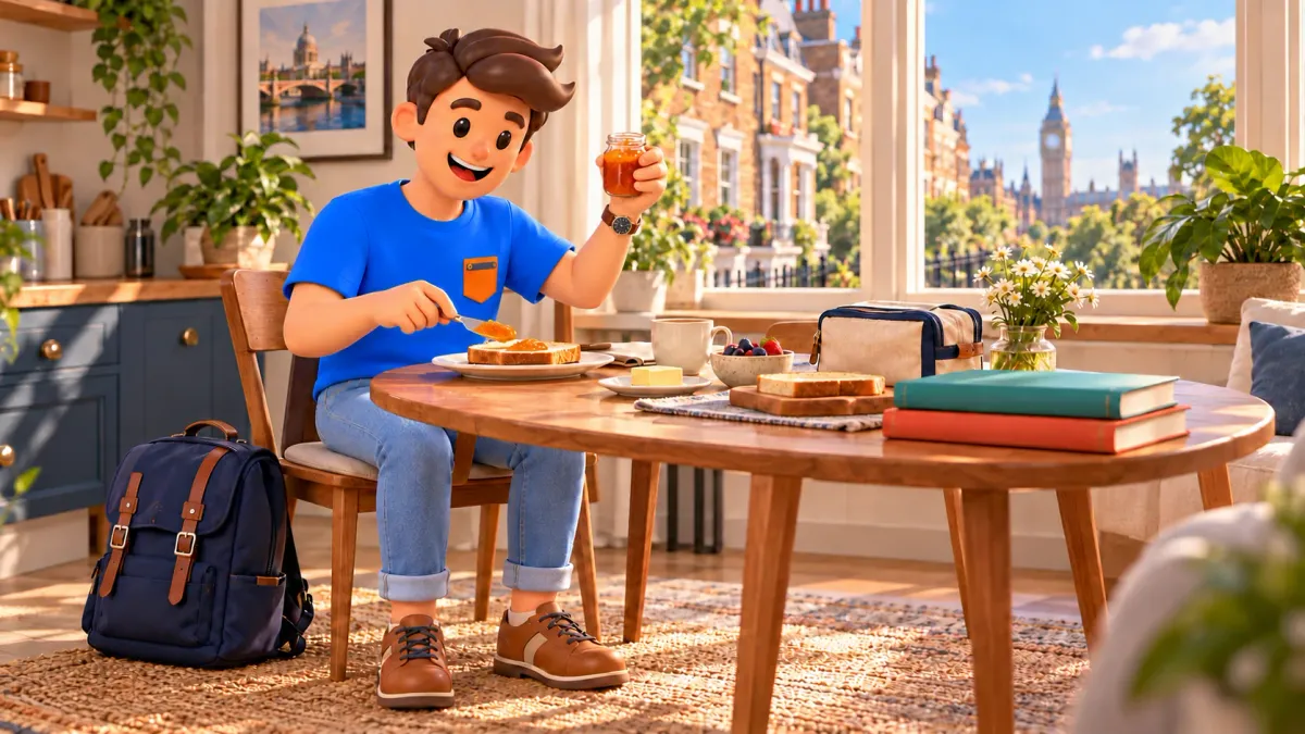 Illustration eines Reisenden bei der Vorbereitung zu Hause mit Marmelade, Brot und Büchern