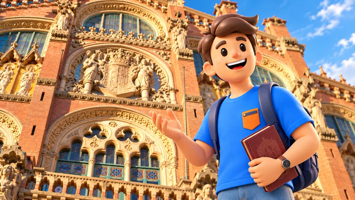 Illustrative scene of a traveller with a book outside Sant Pau’s historic front façade.