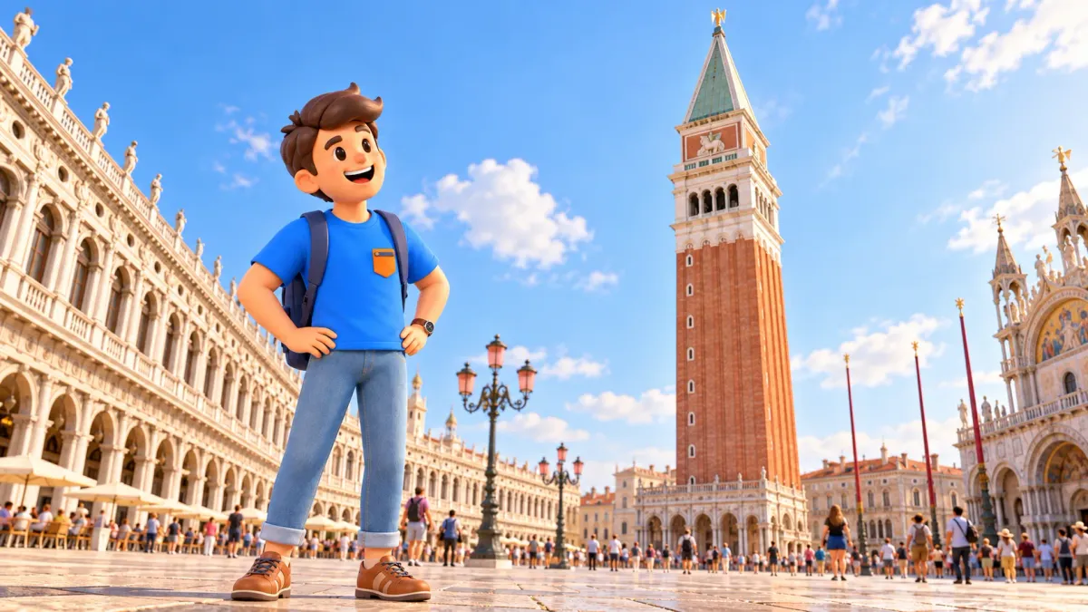 Ilustración conceptual de la observación del campanario de San Marcos desde la plaza pública
