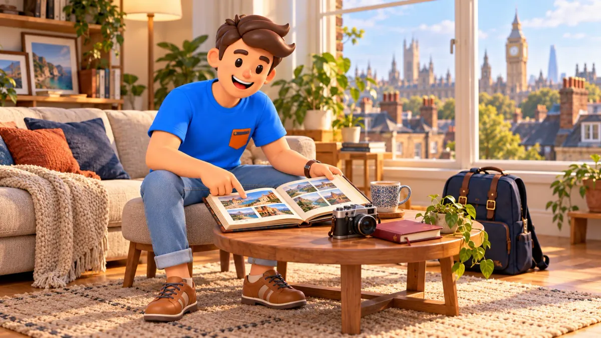 Illustration d’un voyageur retrouvant ses souvenirs dans un album, dans un salon londonien