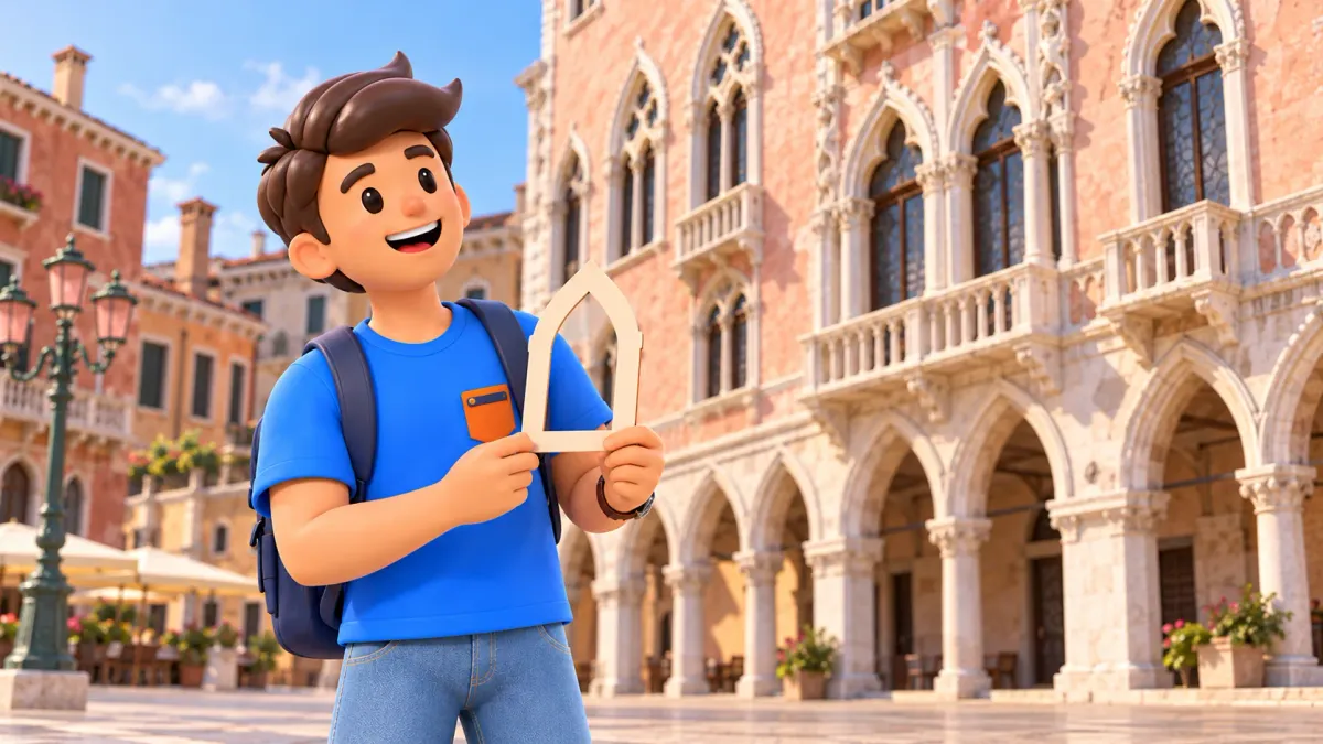 Conceptual illustration of comparing an arch shape with a personal cardboard cutout against a Venetian facade