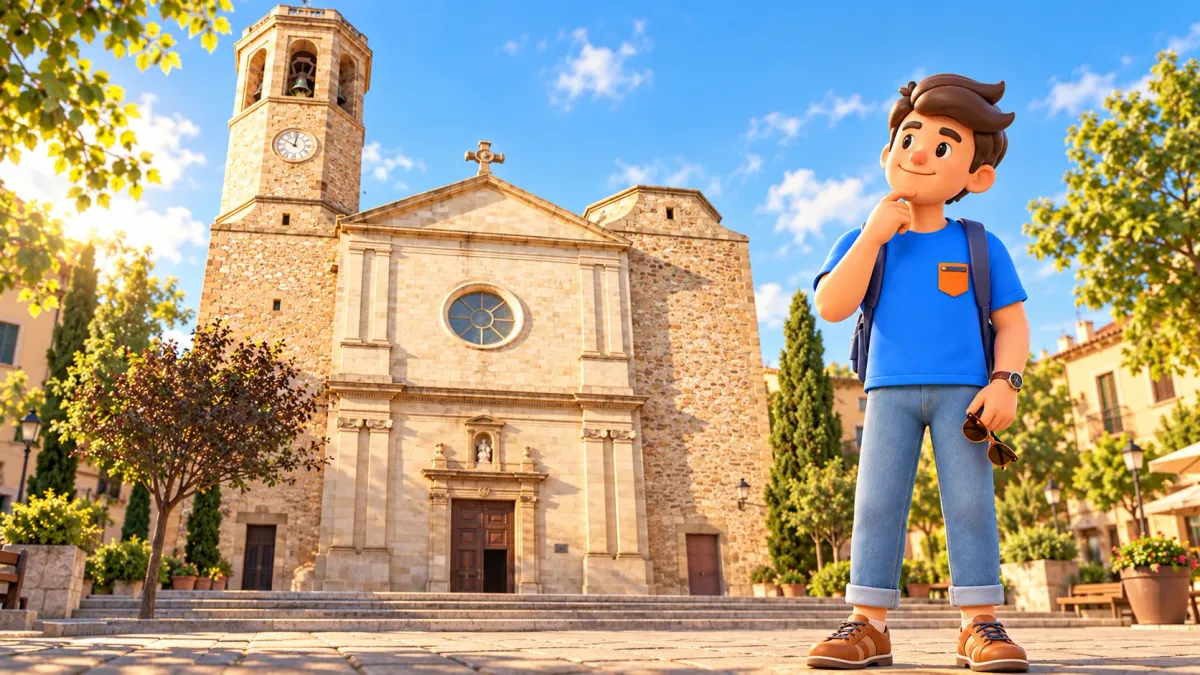 Ilustración de un viajero con gafas de sol ámbar ante la fachada neoclásica de Sant Vicenç de Sarrià.