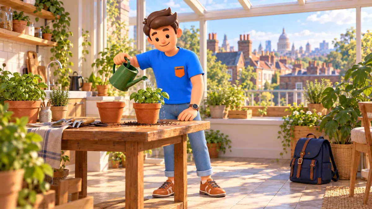 Illustration of a traveller watering his own potted herbs in a London conservatory kitchen