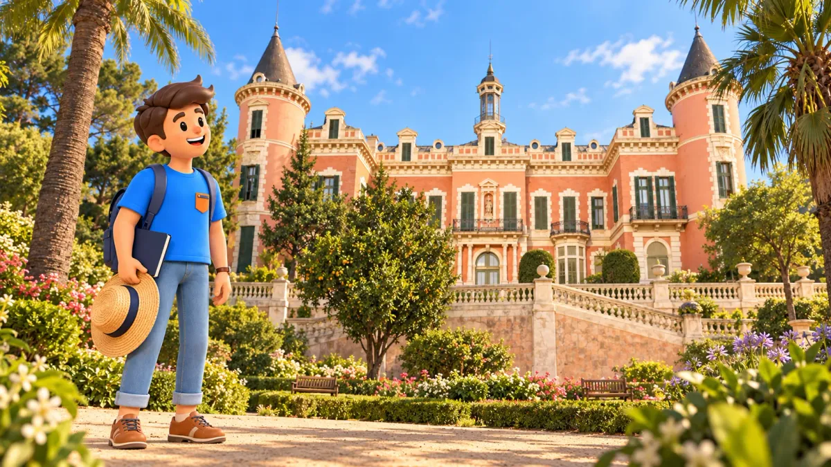 Illustration of a traveller with a straw hat and closed sketchbook in front of Palau de les Heures.