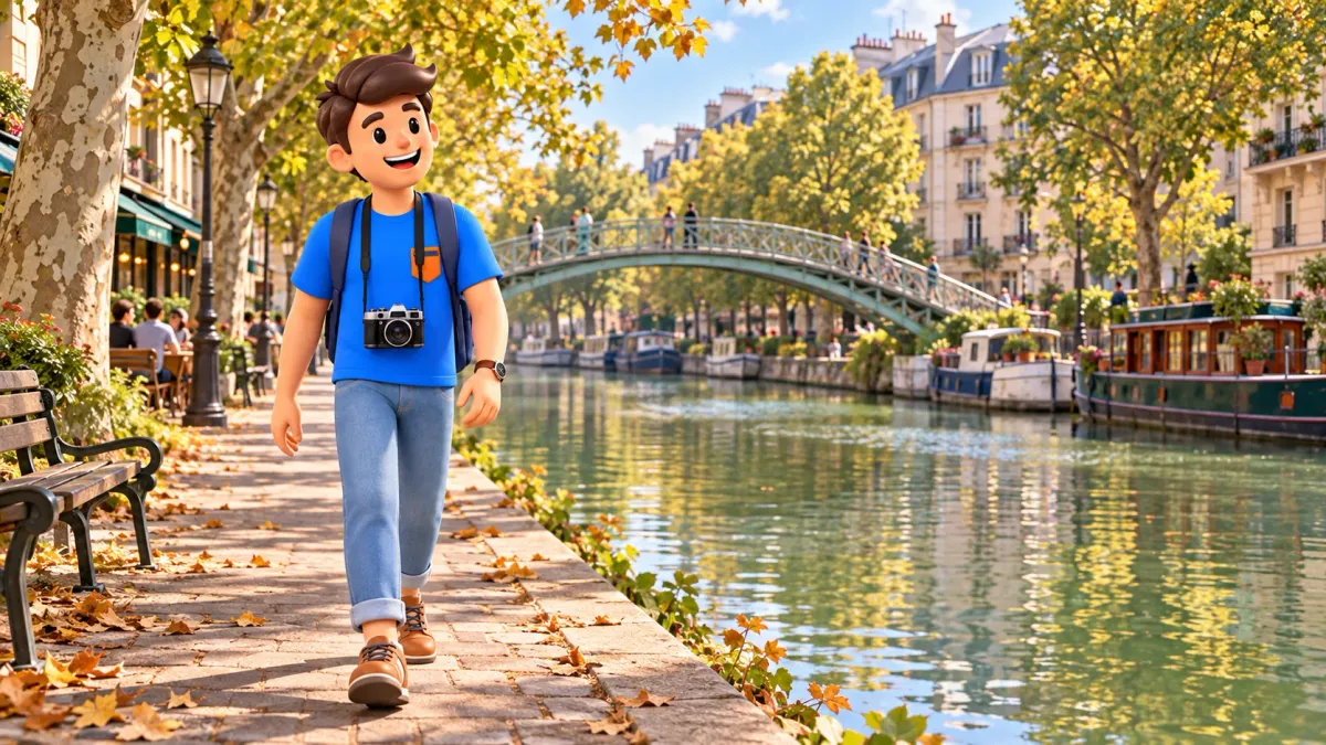 Reisender am Canal Saint-Martin mit Wasser und einer gewölbten Fußgängerbrücke im Hintergrund
