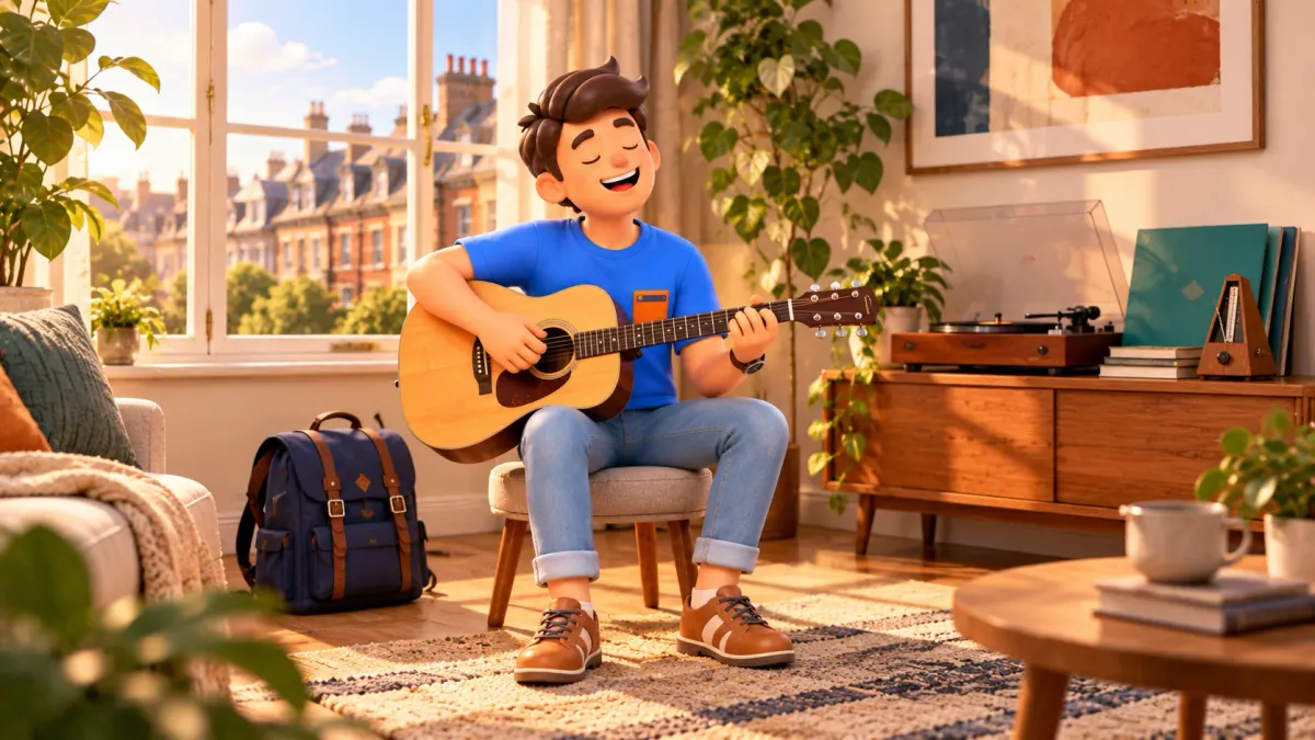 Ilustración de un viajero tocando su propia guitarra acústica en un salón londinense