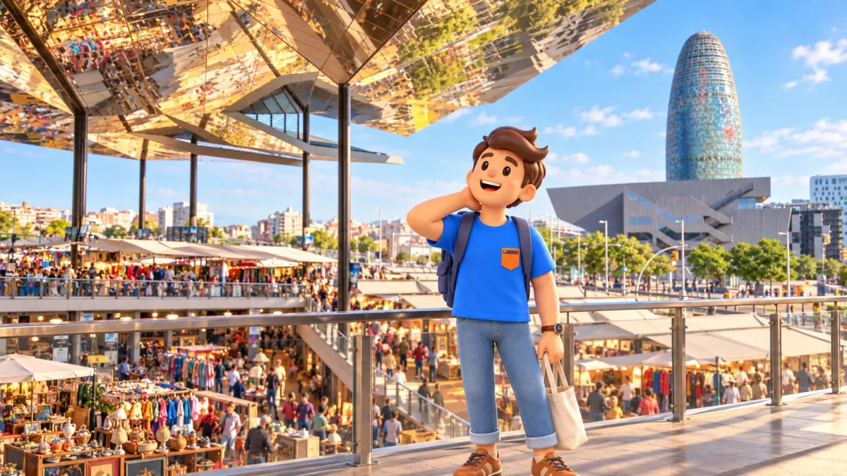Illustration d’un voyageur sous la toiture réfléchissante d’Els Encants, avec le Disseny Hub et la Torre Glòries.